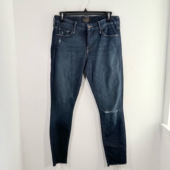 Mother Dark Wash Looker Ankle Fray Medium Rise Distressed Knee Skinny Jeans 29 - Picture 2 of 15